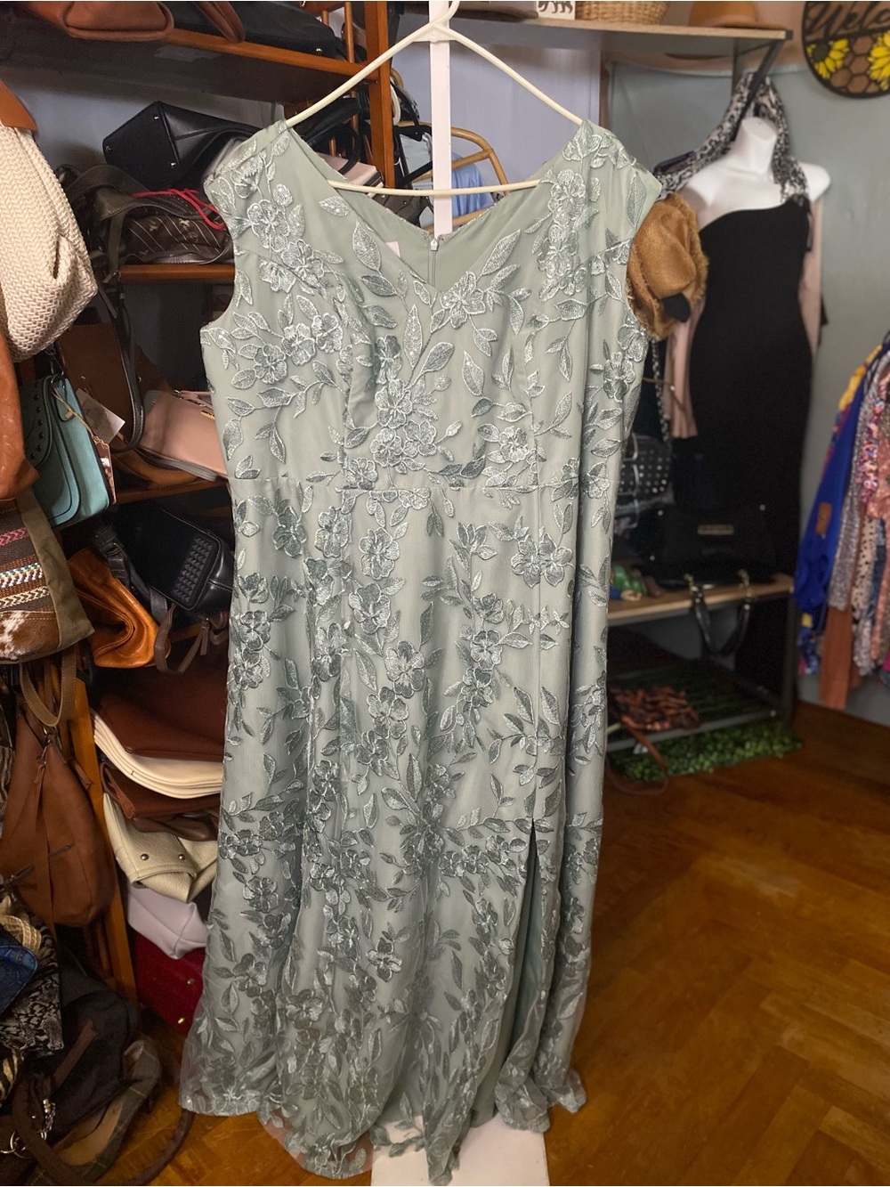 Oleg Cassini Sage Green Floral Embroidered Maxi Dress